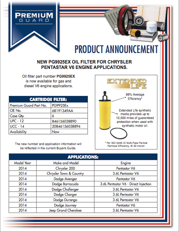 New Premium Guard PG9925EX Oil Filter Product Sheet International Filters